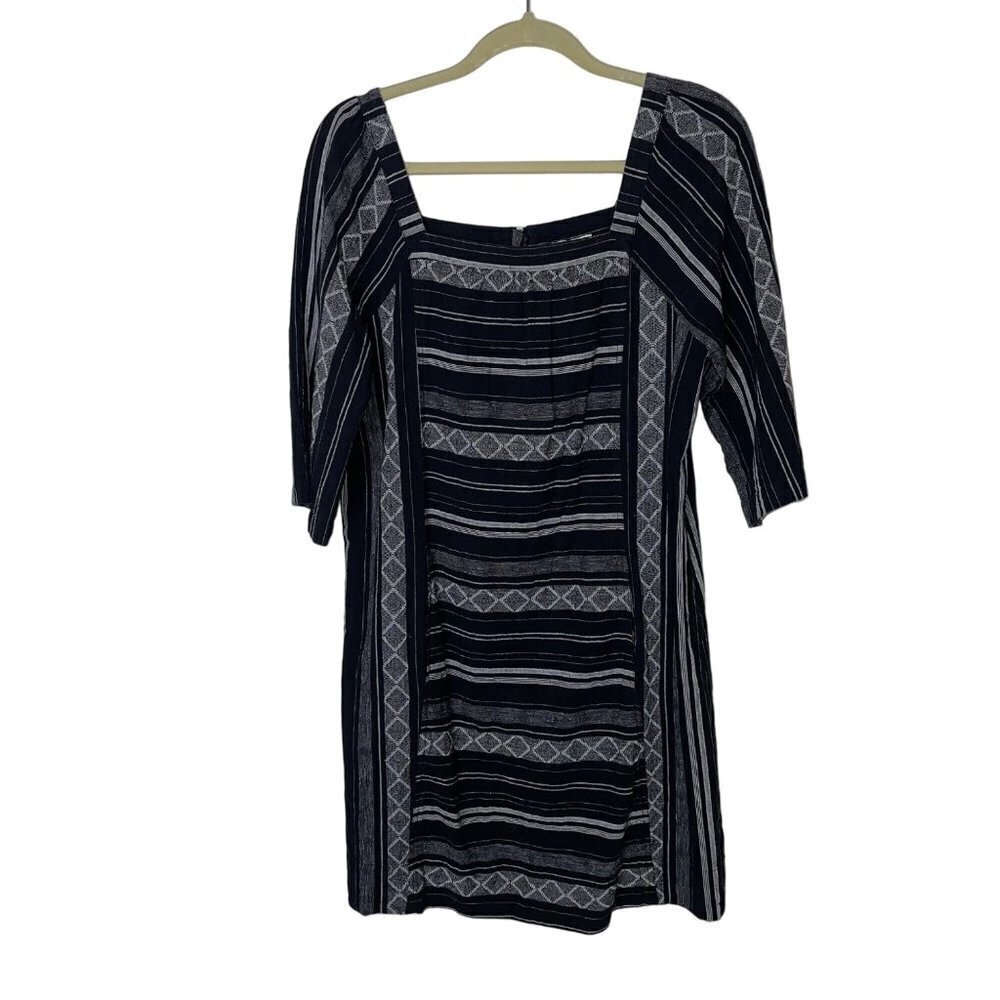 Wrap London Shift Dress Size 10 Black Gray Striped Argyle Square Neck Linen
